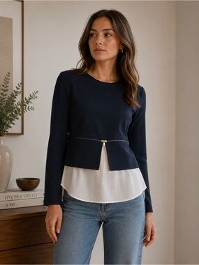 Zara Layered Zipper Blue White Blouse Top – XS
